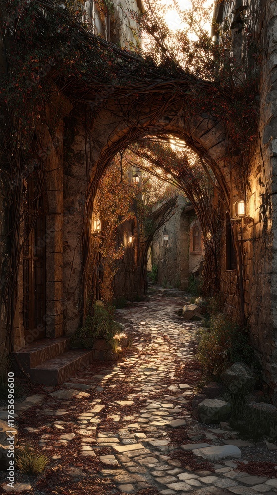 Fototapeta premium Cobblestone alleyway sunlight