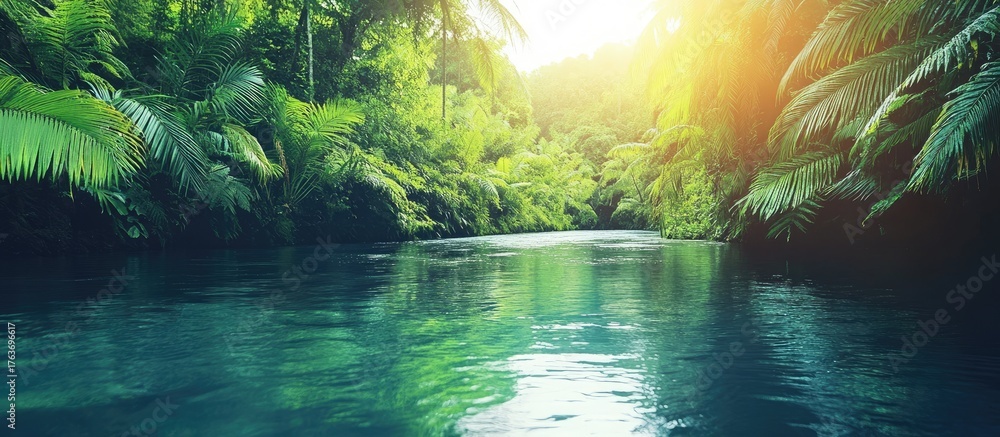 Fototapeta premium Golden Sunlight Pierces a Lush Jungle Canopy Over a Serene Turquoise River