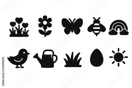 Nature and agriculture silhouette icon set: flowers, animals, gardening essentials