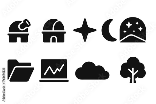 Astronomy and nature solid icon set: star, moon, tree, observatory icons collection