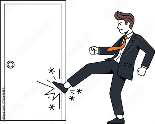 Man kicking door illustration business anger frustration concept