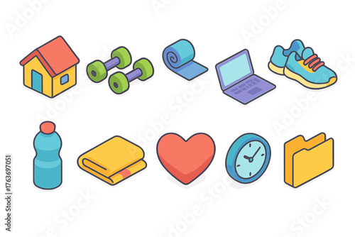 Fitness, home workout flat icon set. Essential exercise equipment icons collection