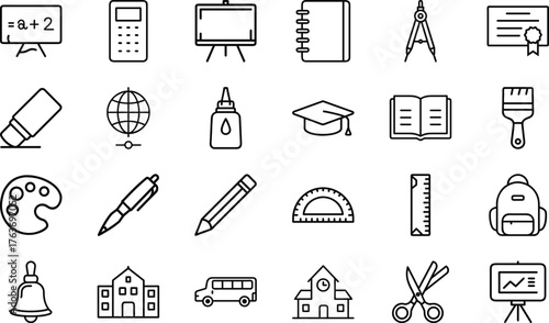 Education Line Icons Set – School, Study, Learning, Stationery and Classroom Outline Symbols, Minimal Flat Vector Icons for Teachers, Students, Online Courses, Back to School, and Educational Infograp