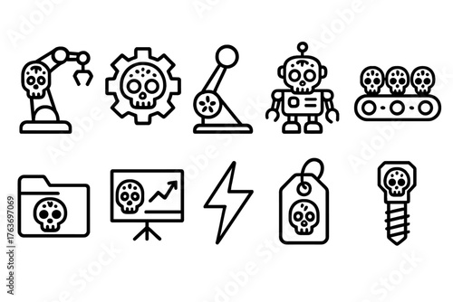 Industry hazard linear icon set. Robotics, safety, warning, skull, gear line icons