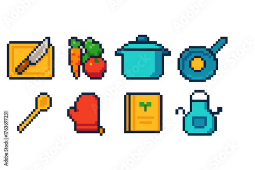 Cooking essentials icon set. Retro pixel art kitchen tools and ingredients collection