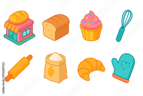 Bakery, baking flat icon set. Bread, pastry, cupcake, baking utensils flat collection