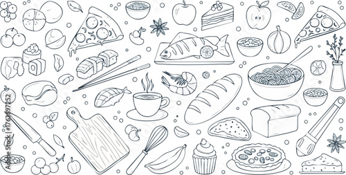 Monochrome Hand-Drawn Food Illustration Set – Pizza, Sushi, Pasta, Seafood, Bread, Coffee, Desserts, Culinary Ingredients Line Art