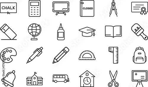 Education Line Icons Set – School, Study, Learning, Stationery and Classroom Outline Symbols, Minimal Flat Vector Icons for Teachers, Students, Online Courses, Back to School, and Educational Infograp