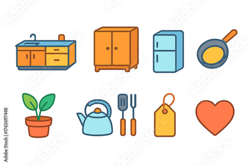 Kitchen and home flat icon set. Household, cooking, and decor icons collection