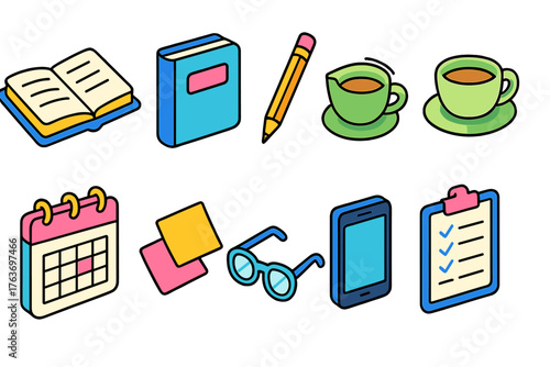 Education and office flat icon set. Book, pencil, coffee, calendar illustrations.