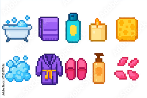Bath and body pixel icon set. 8-Bit bathroom, spa essentials in pixel art style.