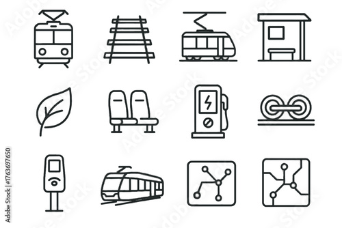 Icon system icons cables vector map station tram rails seats charging validator