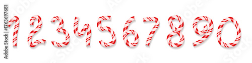 Set of Number Signs made of striped candy canes. 3D Numerals. Figures 1, 2, 3, 4, 5, 6, 7, 8, 9, 0. Christmas red and white colours. Classic Xmas Mint Hard Candy Cane. New Year Vector isolated Design