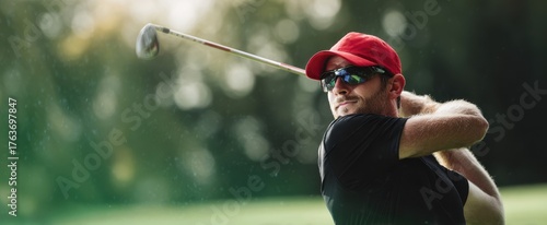 The Golfer Swinging in the Rain on a Sunlit Green with Focused Expression