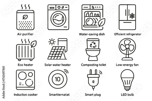 Icon thermostat home smart appliances induction washing eco cooker led bulb vector