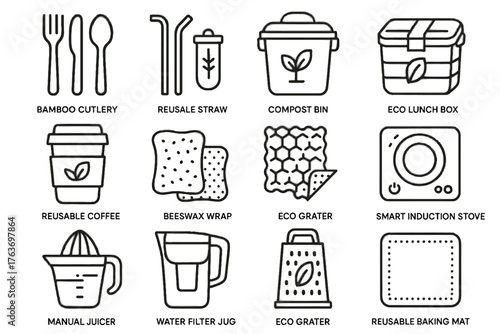 Kitchen eco vector grater coffee jug bin reusable induction mat icon