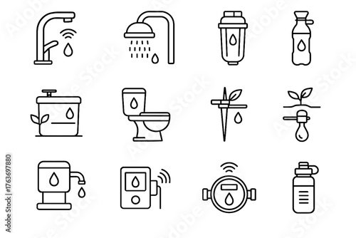 Nozzle greywater bottle water filter rainwater device saving vector icon meter