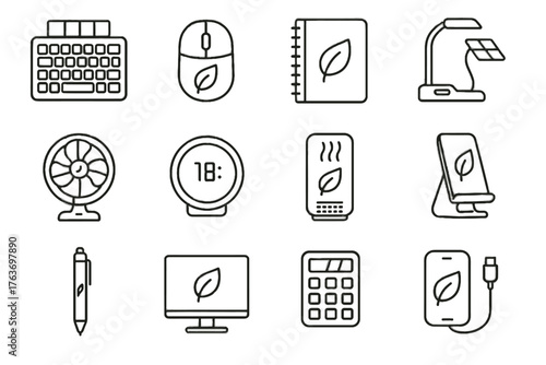 Vector icons eco thermostat icon air office phone portable fan solar calculator