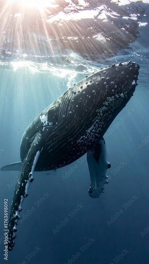 Naklejka premium Majestic Humpback Whale Ascending Towards Sunlit Ocean Surface.