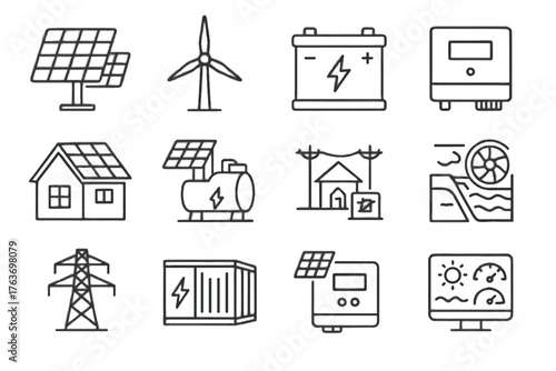Microgrid icon vector turbine wind water battery renewable storage hydro icons energy
