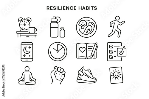 Resilience icon card vector goal hydration habits ball bottle timer icons focus