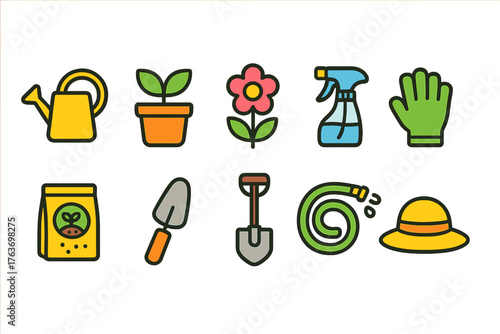 Gardening tools and plants flat icon set. Essential horticulture vector collection.