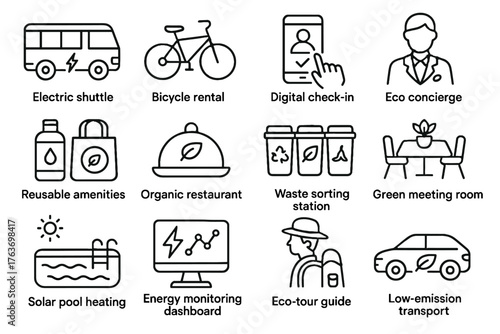 Waste sustainable meeting icon monitoring vector icons electric pool solar hotel concierge