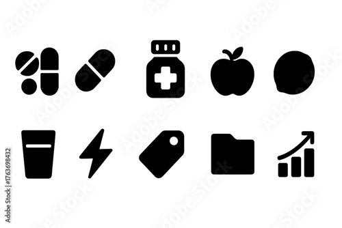 Health and wellness solid icon set. Medical, fitness, and nutrition solid icons collection.