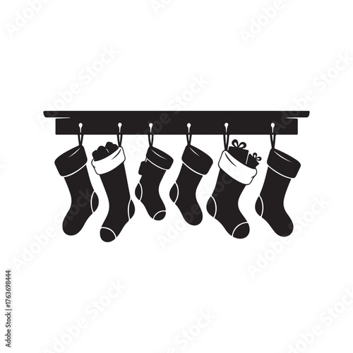 Flat Design Christmas Stockings Silhouette Hanging on Shelf Vector