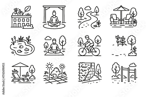 Vector meditation icon hotel garden deck pond rooftop eco natural cycling outdoor