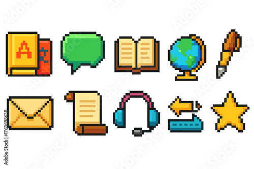 Education and communication 3d icon set. Books, speech bubbles, headset, globe, mail icons.