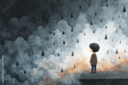 Little boy standing in the rain, clouds, feeling sadness, loneliness, looking towards hope