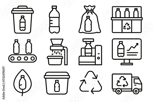 Truck vector station conveyor eco plastic bottle bin icon recycling waste press