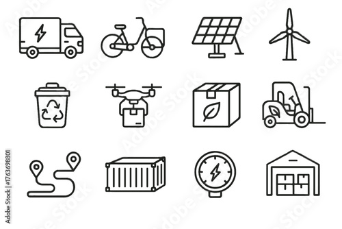 Panels icon carbon optimization hybrid wind warehouse logistics layout low vector route
