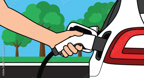 Electric car charging station ev charger plug in hand illustration