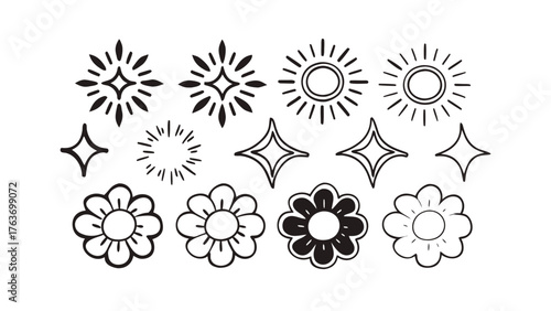 Hand Drawn Sun Flower Starburst and Diamond Shapes in Black and White vector illustration