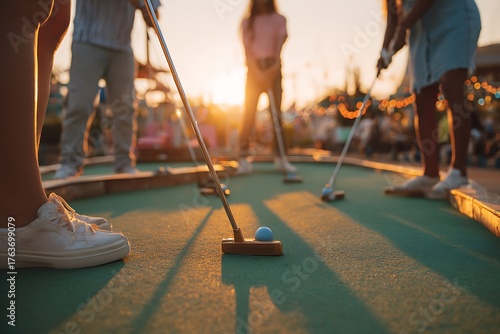 Friends playing miniature golf at golden hour