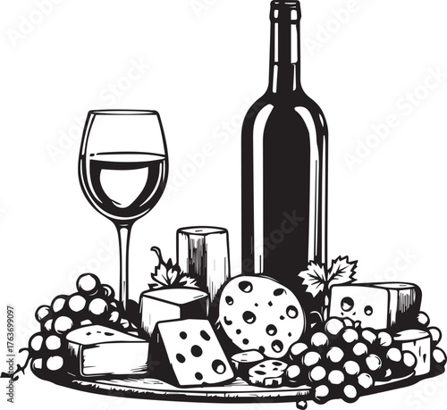 Wine and cheese platter silhouette — black and white illustration of bottle, glass, cheeses, grapes, and leaves for gourmet themes