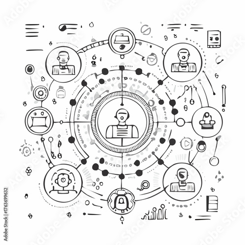 Abstract Network Connection and Communication Concept with Human Figures and Technology Icons