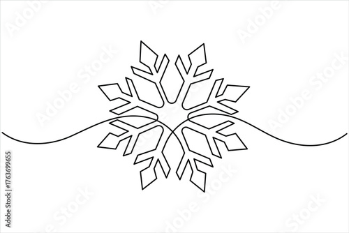 One continuous line art drawing of Christmas snowflake. Winter snow and cold flake symbol in simple linear style vector illustration