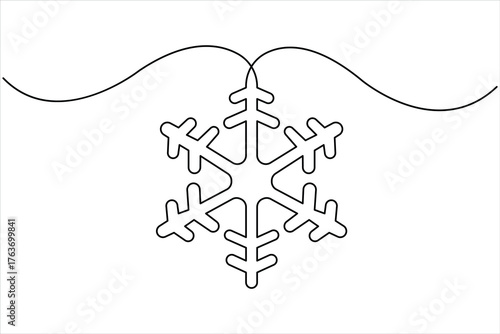 One continuous line art drawing of Christmas snowflake. Winter snow and cold flake symbol in simple linear style vector illustration