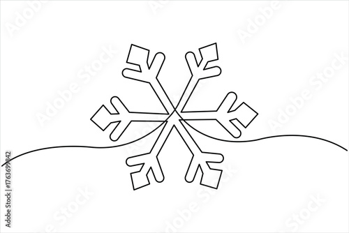 One continuous line art drawing of Christmas snowflake. Winter snow and cold flake symbol in simple linear style vector illustration