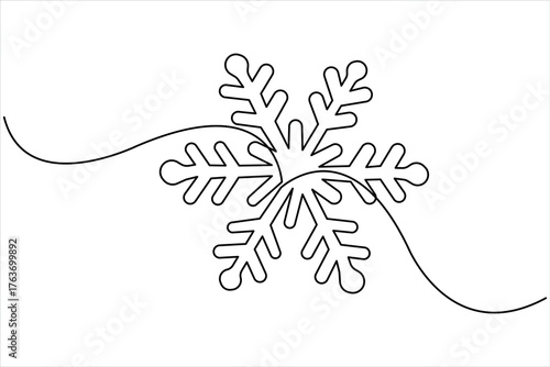 One continuous line art drawing of Christmas snowflake. Winter snow and cold flake symbol in simple linear style vector illustration