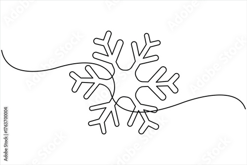 One continuous line art drawing of Christmas snowflake. Winter snow and cold flake symbol in simple linear style vector illustration