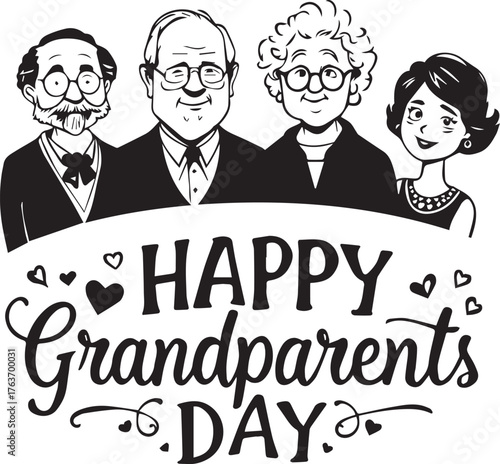 Cartoon grandparents illustration — black and white festive characters with “Happy Grandparents Day” text and heart accents
