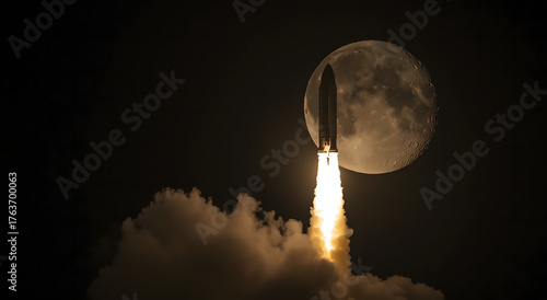 Fototapeta Naklejka Na Ścianę i Meble -  Powerful space rocket fires upward through dark clouds with glowing trails, the big moon frames the climb against the black sky.
