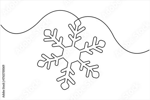 One continuous line art drawing of Christmas snowflake. Winter snow and cold flake symbol in simple linear style vector illustration