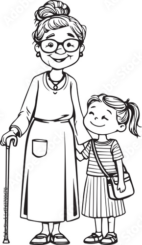 Grandmother and granddaughter silhouette — black and white illustration of elderly woman with cane and child holding hands