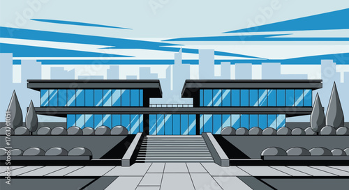 Modern building architecture with blue glass and city skyline view