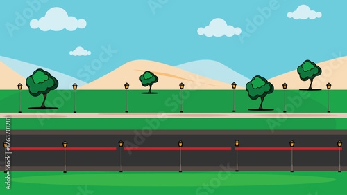 Peaceful 2D road with sidewalk, trees, and street lamps under a blue sky and mountains. Flat cartoon landscape background for city or outdoor design.